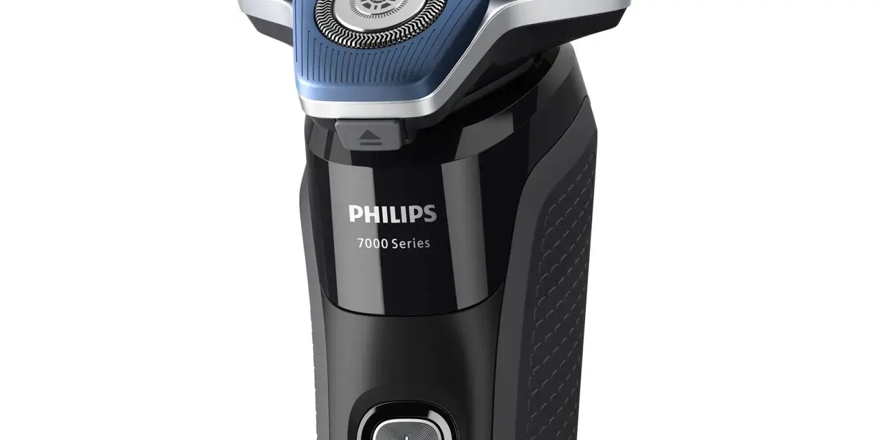 Czarna golarka elektryczna Philips 7000 Series z niebieskimi elementami i przyciskiem zasilania.