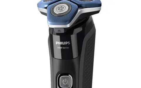 Czarna golarka elektryczna Philips 7000 Series z niebieskimi elementami i przyciskiem zasilania.