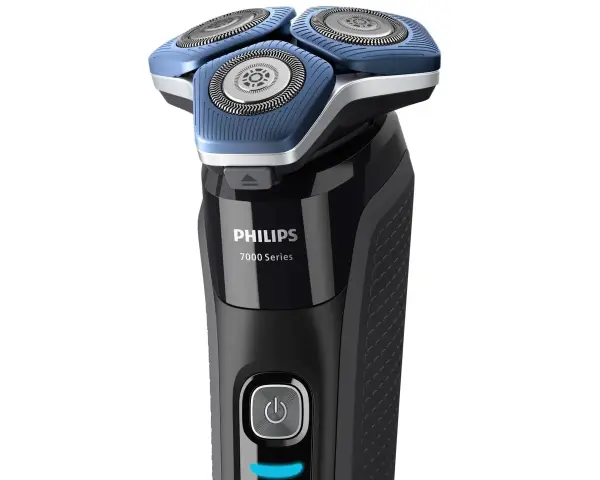 Czarna golarka elektryczna Philips 7000 Series z niebieskimi elementami i przyciskiem zasilania.