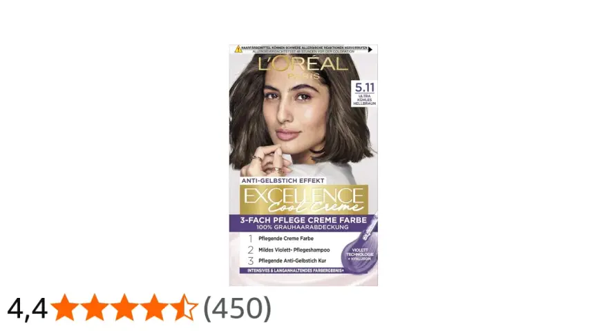 Opakowanie farby do włosów L'Oréal Paris Excellence Cool Creme z modelką i informacją o odcieniu 5.11.