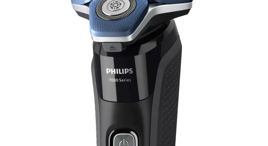 Czarna golarka elektryczna Philips 7000 Series z niebieskimi elementami i przyciskiem zasilania.